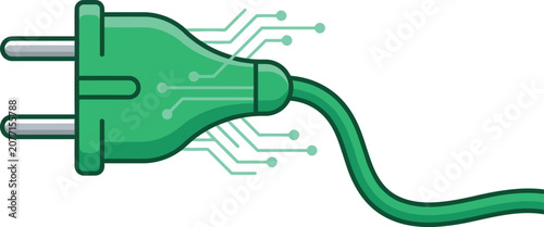 Green electric power plug with digital circuit board lines isolated on a white background