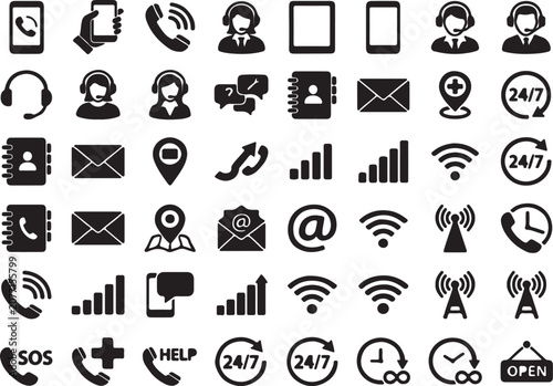 Communication and Customer Service Support Icon Set for Business Connectivity and Call Center Operations