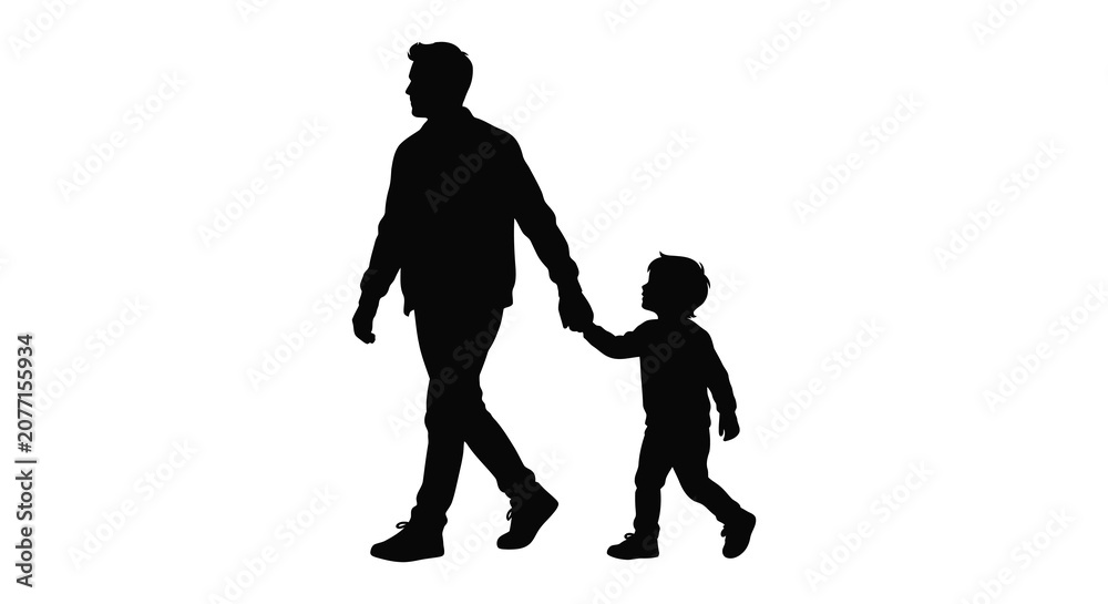 Obraz premium Father And Son Silhouette Against White Background Walking Together