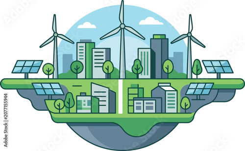 Green eco city with wind turbines and solar panels on a floating island
