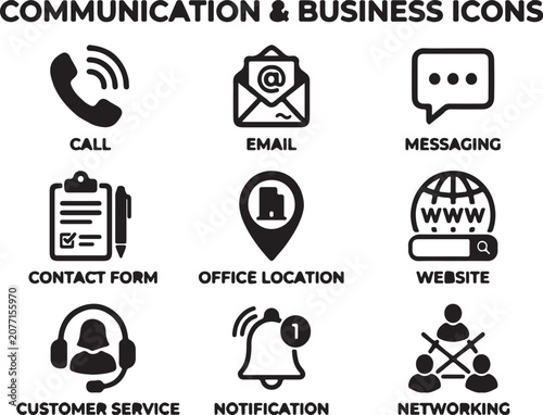 Icons for communication and business call, email, messaging, contact form, office location, website, customer service, notification, networking