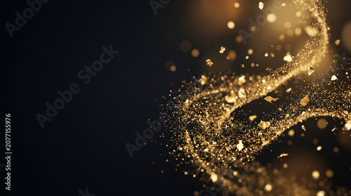 Elegant luxury gold dust particles swirl background with glowing bokeh light and copy space