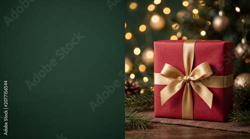 Festive christmas gift box with golden ribbon on wooden table with holiday bokeh lights background