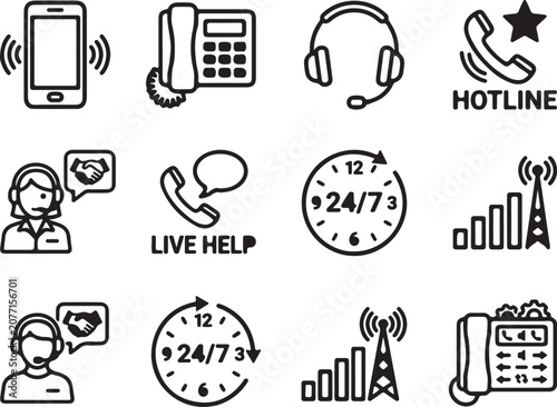 Comprehensive Set of Customer Support and Telecommunications Icons for Business Communication Infrastructure