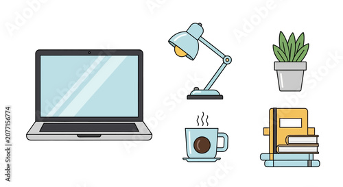 Tableau sur toile Workspace Icons Set for Remote Work and Office Study