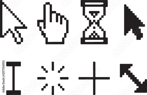 Classic cursor icon style pixelated computer pointer set including arrow hand and wait symbols for navigation