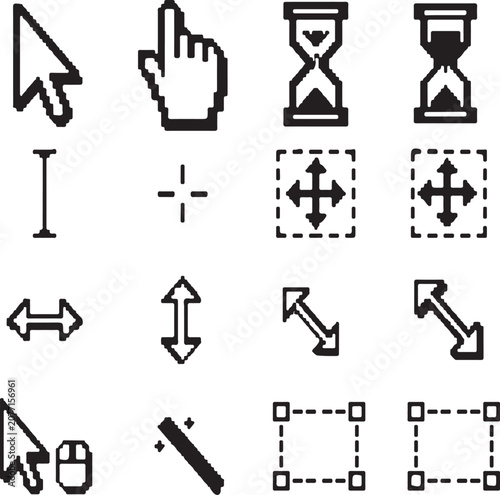 Functional set of essential computer cursors, diverse mouse pointers, and user interface control tools for digital interaction and software design projects