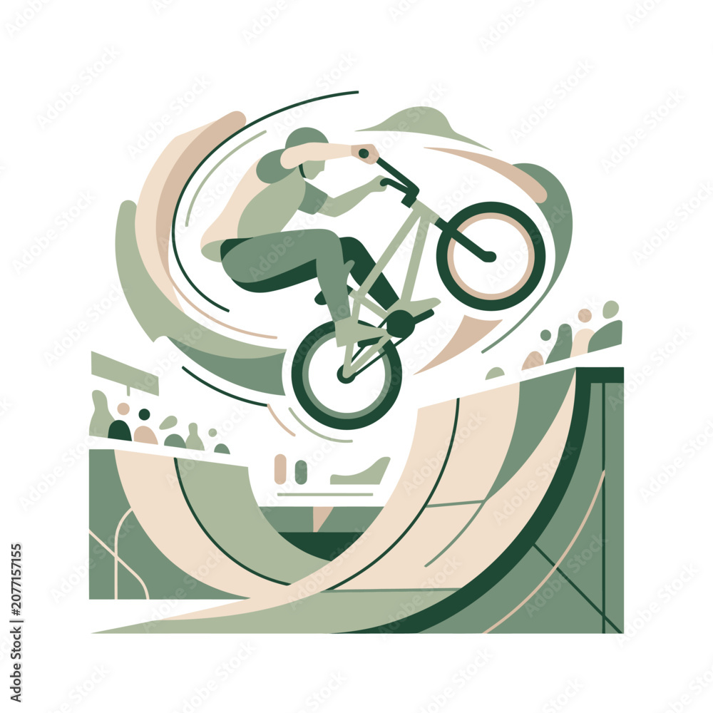 Obraz premium Abstract vector illustration of a freestyle BMX rider performing an aerial stunt over a skatepark ramp featuring motion lines and a muted green and beige color palette.