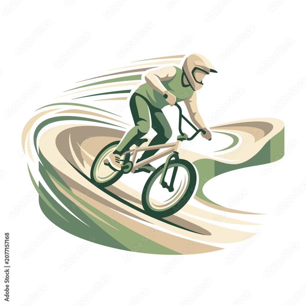 Obraz premium Vector illustration of a professional BMX rider wearing a helmet and green racing gear, navigating a high-speed banked turn on a pump track or skate park course, isolated on white.