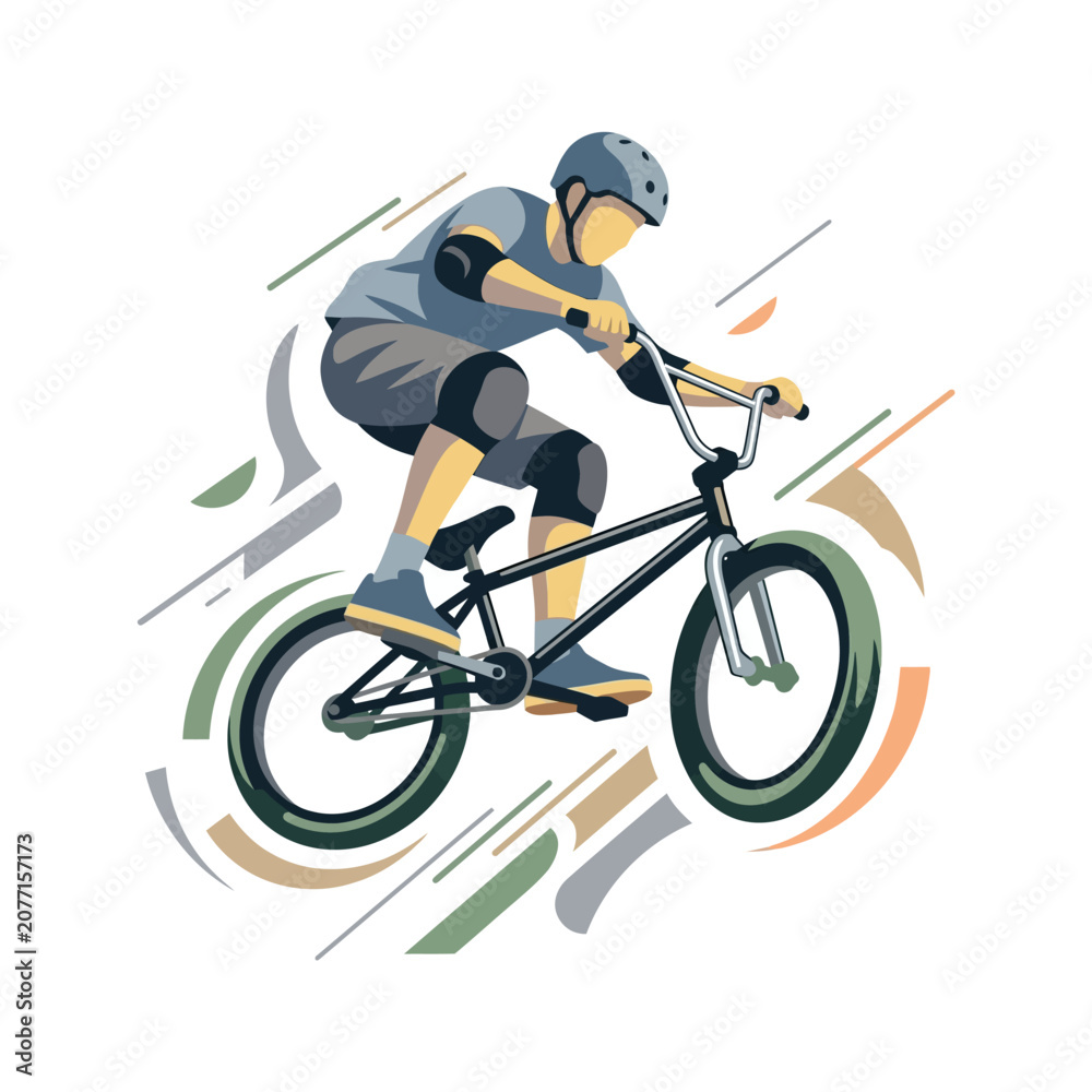 Obraz premium Vector illustration of a professional BMX athlete wearing a helmet and safety gear performing a mid-air jump on a bicycle with dynamic motion lines on a plain white background.