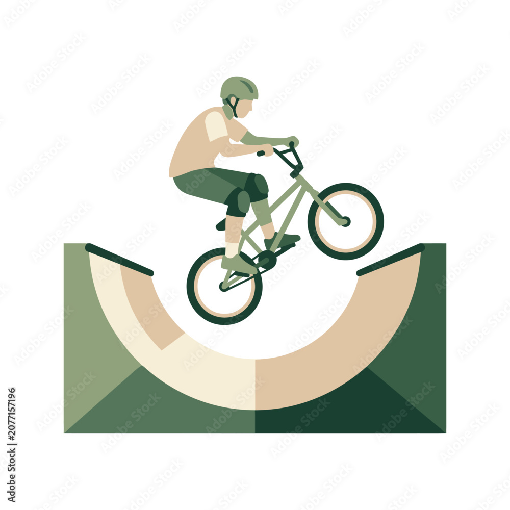 Obraz premium Flat vector illustration of a teenage male BMX rider performing an aerial stunt over a half-pipe ramp. Character wears protective helmet and knee pads with a green freestyle bicycle.
