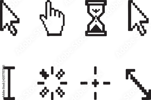 Pixelated Computer Mouse Pointer Icons for Digital Interface Navigation and User Experience Design