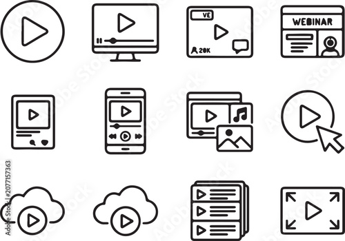 Multimedia Video Playback and Digital Streaming Interface Icon Set for Web and App Design