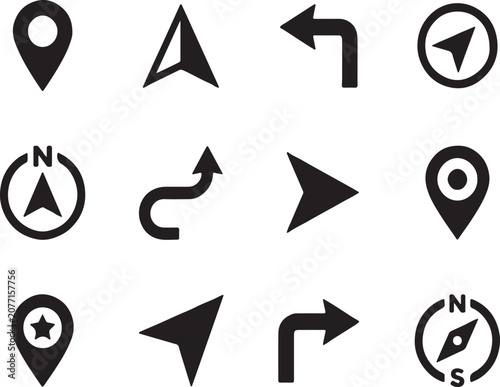 Collection of Navigation and Directional Pointer Icons A Comprehensive Set of GPS and Map Symbols