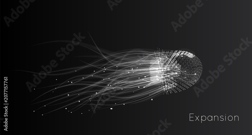Attracting life. A vector connecting particle tails. Small particles gravitate toward each other. Blurred debris transforms into rays or lines at high speeds.