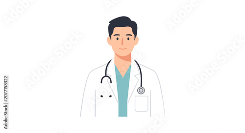 Young male doctor character in medical white coat and scrubs vector illustration