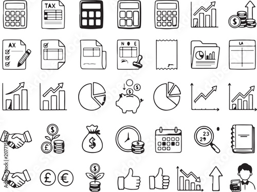 Hand Drawn Finance and Business Accounting Icon Set Collection for Financial Planning and Growth