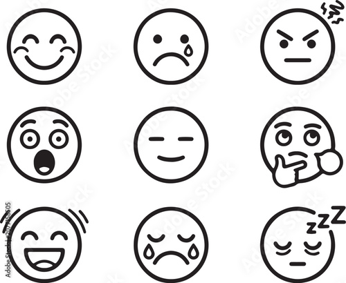 Vector emoji set featuring diverse facial expressions like happy, sad, angry, thinking, and sleeping icons