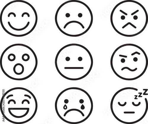 Collection of Simple Line Art Emoji Icons Representing Diverse Human Emotions and Expressions