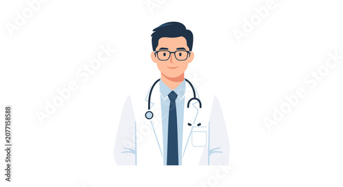 Professional male doctor wearing eyeglasses and lab coat with stethoscope flat vector character