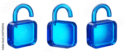 Set 3D Glass cyber security and privacy icon isolated on transparent background, open and closed padlocks with keyhole. Transparent Liquid Glass icon