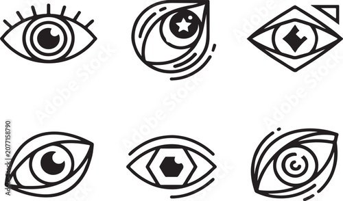 Minimalist Set of Stylized Eye Line Icons for Vision and Observation Graphics