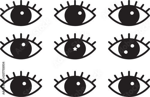 Set of Stylized Black Minimalist Human Eyes Icons Collection Featuring Various Pupil Expressions and Shapes