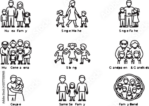 Diverse family unit structures and relationship line icons representing various household types and social bonds