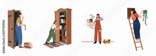 Foto Collection of illustrations featuring a woman discovering hidden passages, secret compartments, and safes within a house, expressing surprise and curiosity