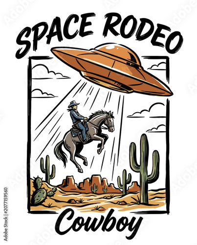 Obraz na płótnie Vintage illustration of a space rodeo featuring a cowboy on a bucking horse being abducted by an alien UFO flying saucer in a desert landscape with cacti and mountains on a white background