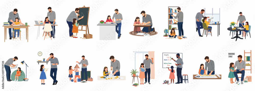 Fototapeta premium Vector illustration set of a father and daughter engaged in various homeschooling activities including reading, drawing, playing with blocks, and studying together.