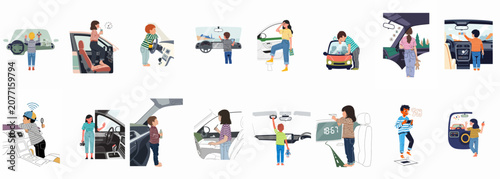 Fotografía Vector illustrations of children and a woman interacting with cars, depicting various travel, play, and family road trip activities