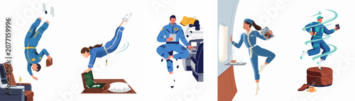 Obraz na plátne Set of flat illustrations depicting people in blue uniforms experiencing weightlessness and zero gravity within a modern airplane cabin environment