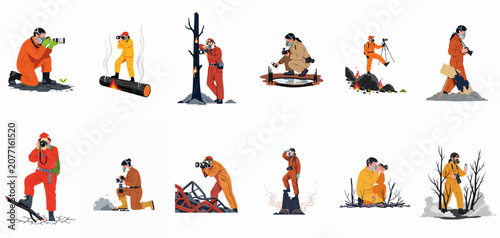 Tableau sur toile Collection of environmental photographers in protective gear documenting various ecological disasters such as forest fires, oil spills, and land degradation