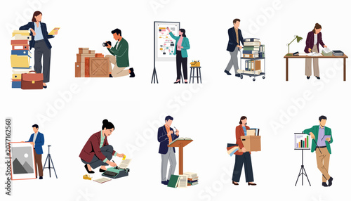 Collection of Diverse Business People Performing Various Office Tasks and Professional Work Activities Vector Illustration