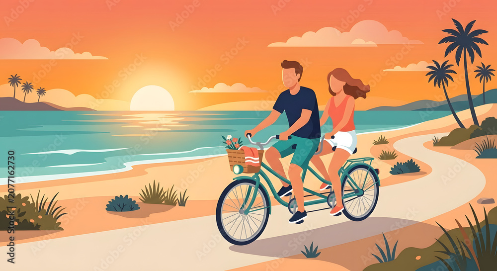 Obraz premium Flat character illustrations in summer of a couple riding tandem bike