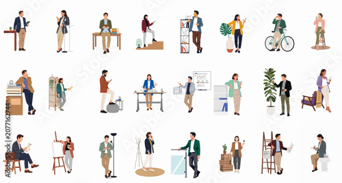 Tableau sur toile Collection of diverse professional characters in business casual attire working and relaxing in various office and home office settings, flat vector illustration