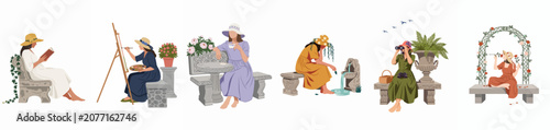 Bild auf Leinwand Set of minimalist flat illustrations featuring elegant women in summer dresses engaged in various garden leisure activities like reading, painting, and birdwatching