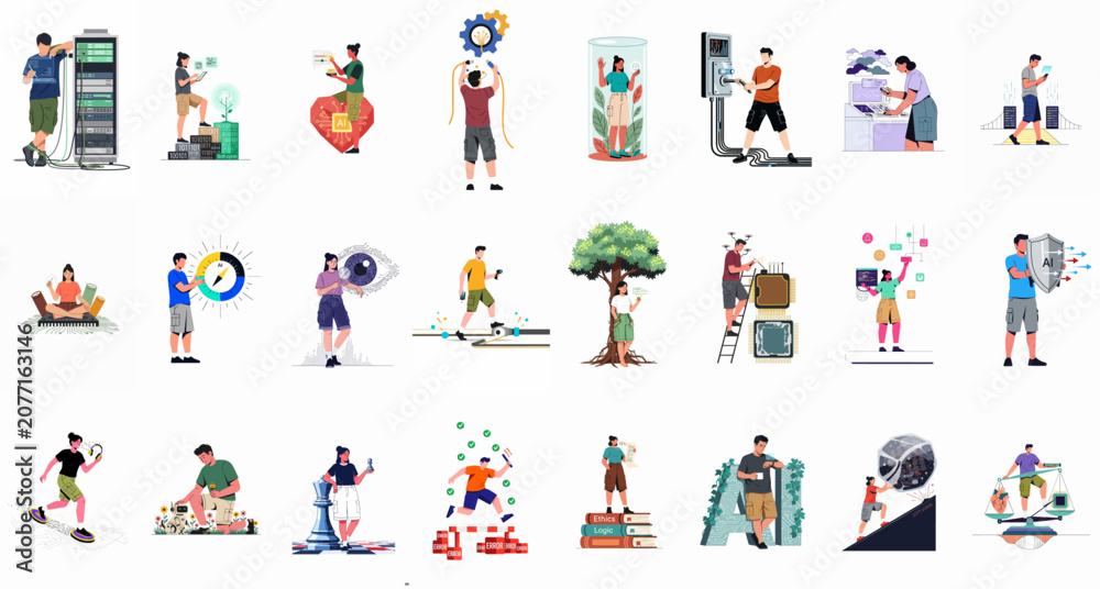 Fototapeta premium A collection of concept illustrations depicting people interacting with artificial intelligence, technology, data centers, robotics, and digital infrastructure in a modern flat design style.