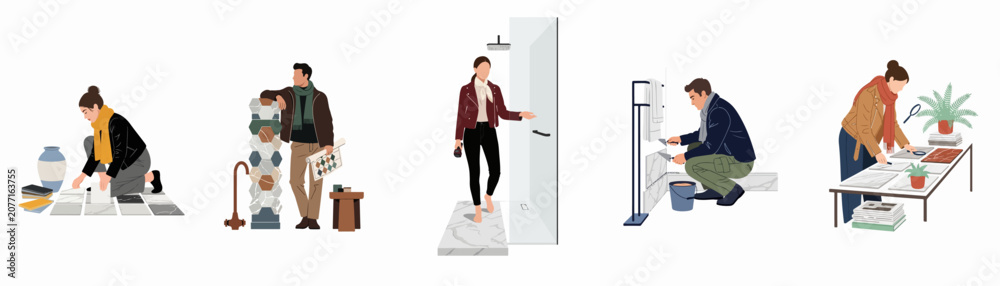 Obraz premium Vector collection of architects, designers, and craftsmen working with tiles, marble, and bathroom fixtures for modern home improvement.