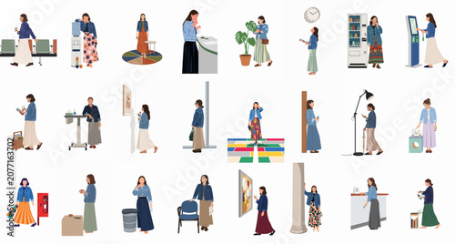 Foto Collection of minimalist flat illustrations of women in denim jackets engaged in various daily activities and tasks in public and office settings