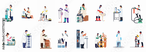 Bild auf Leinwand Set of flat vector illustrations depicting scientists and technicians conducting water purification, chemical analysis, and laboratory research experiments