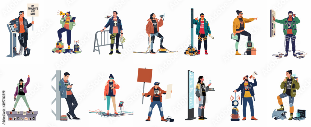 Fototapeta premium Collection of futuristic activists protesting for neural privacy and digital rights in a cyberpunk setting, featuring diverse characters with tech gadgets and signs.