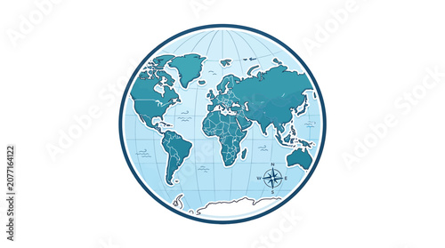 A detailed illustration of the world map on a globe showing continents and oceans.