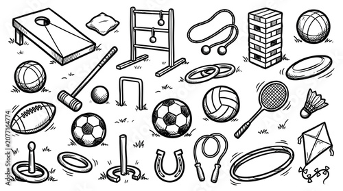 Various hand-drawn outdoor game elements and sports equipment are scattered across a white background with grass details, depicted in a playful doodle style