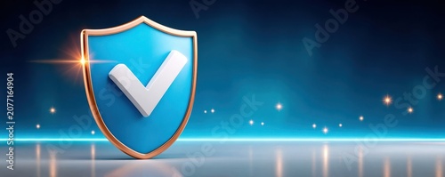 Blue shield icon with checkmark representing security, verification and digital protection