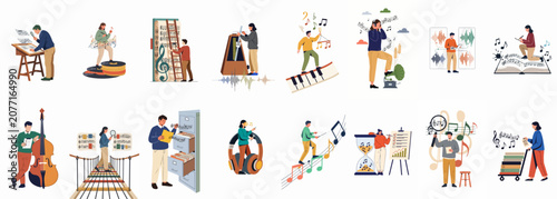 Set of diverse vector illustrations showing people engaged in music-related concepts such as composing, archiving, studying, and analyzing musical notes and sound.