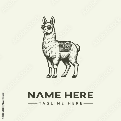 Vector illustration of a llama with a decorative saddle on its back, standing against a plain background, part of an icon set.
