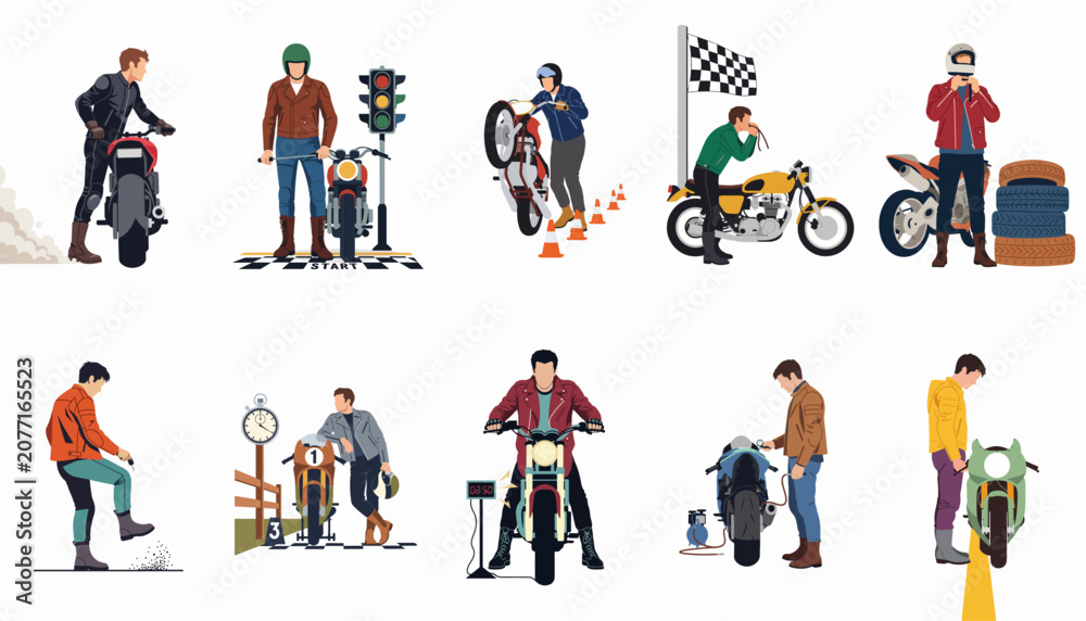 Fototapeta premium Set of flat vector illustrations featuring motorcyclists in various scenarios including racing, maintenance, and performing stunts on different motorcycles.
