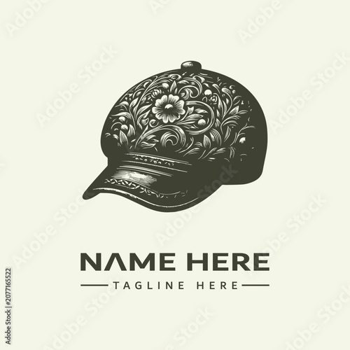 Vector illustration of a floral patterned baseball cap with text placeholder on a beige background, icon set style.